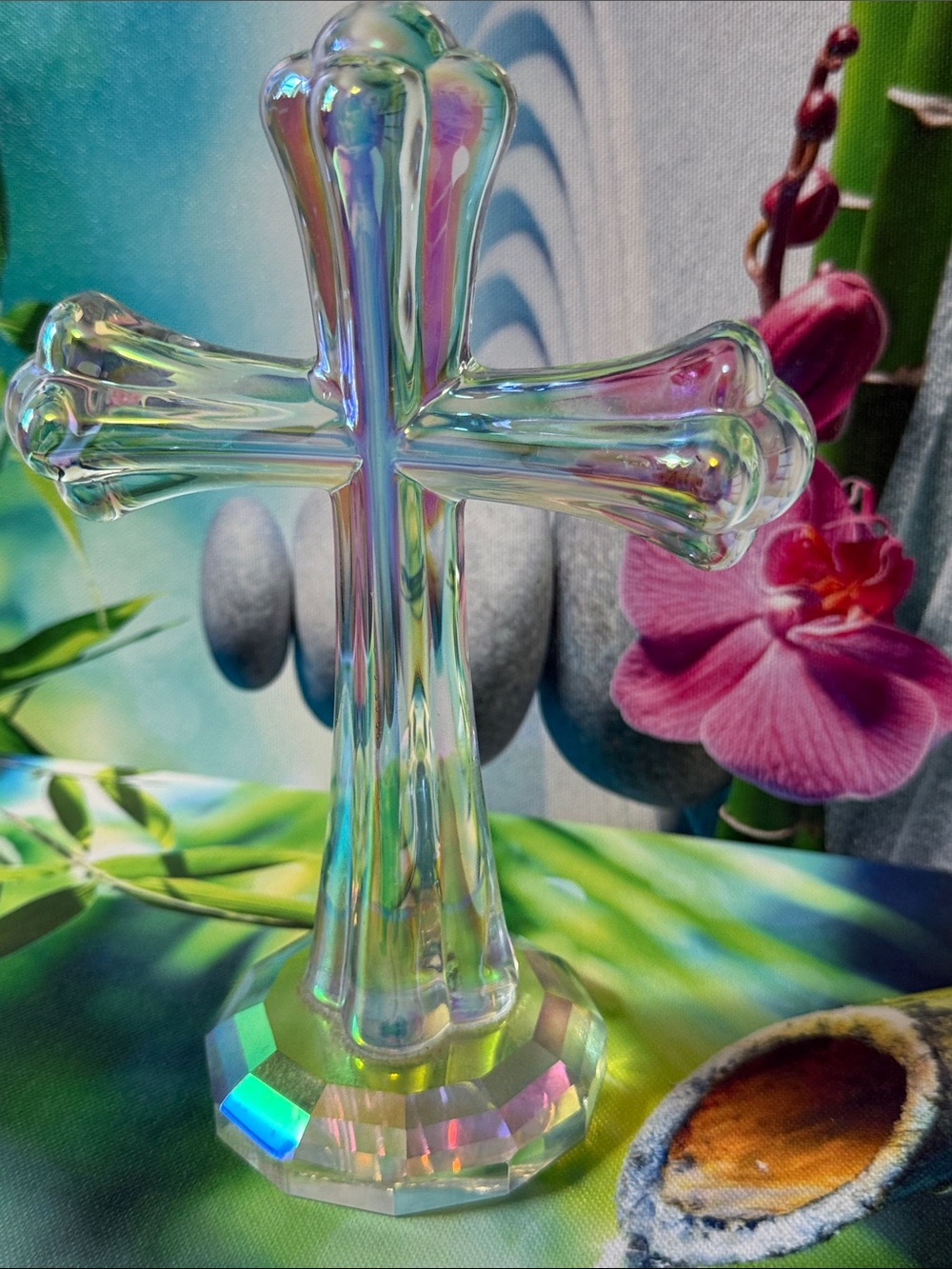 Beautiful Iridescent Glass Cross Decor